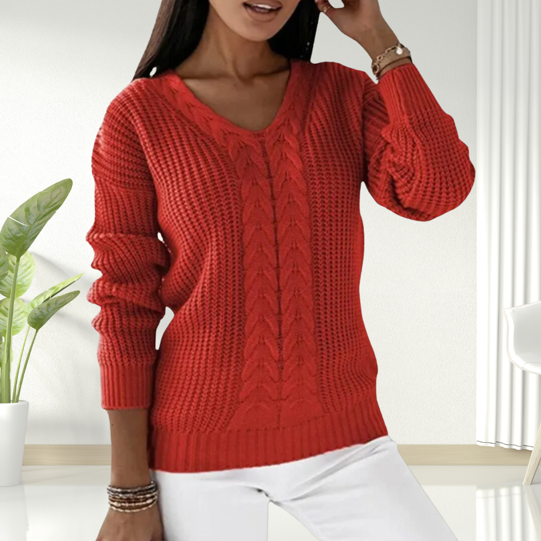 V-Neck Long Sleeve Cable Knit Sweater