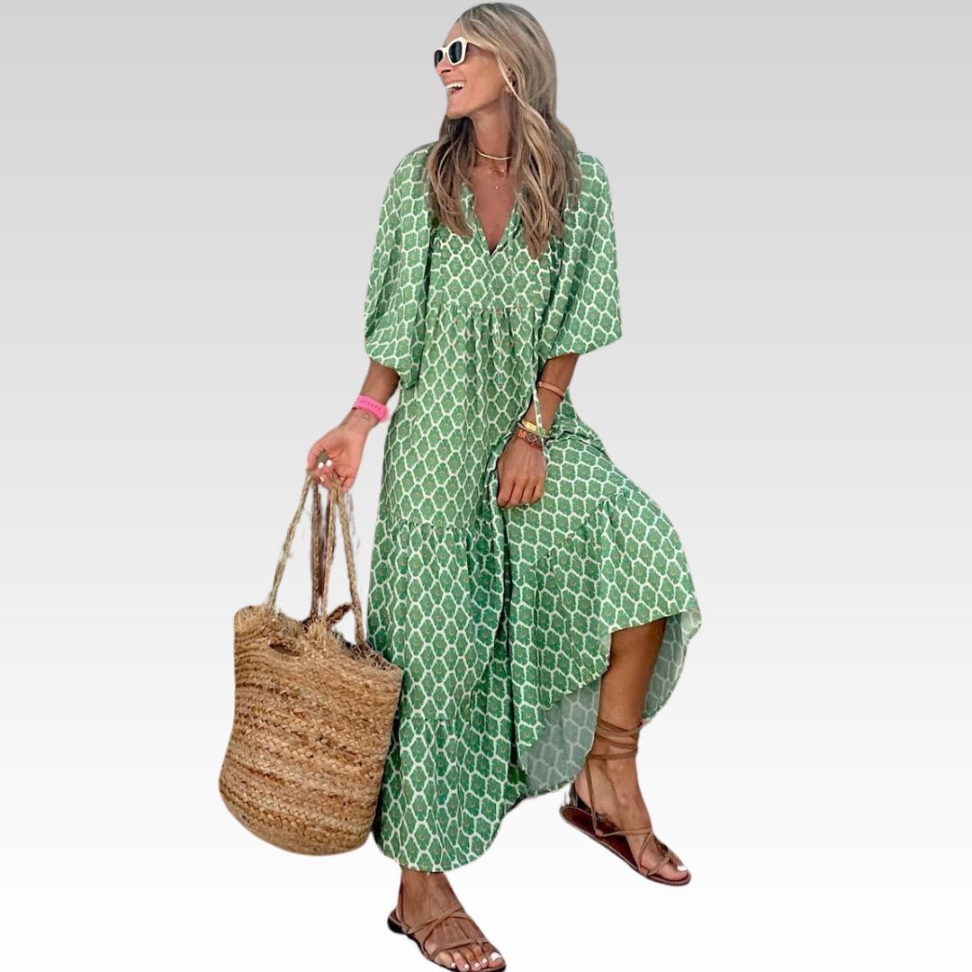 Geometric Print V-Neck Puff Sleeve Tiered High Low Maxi Dress