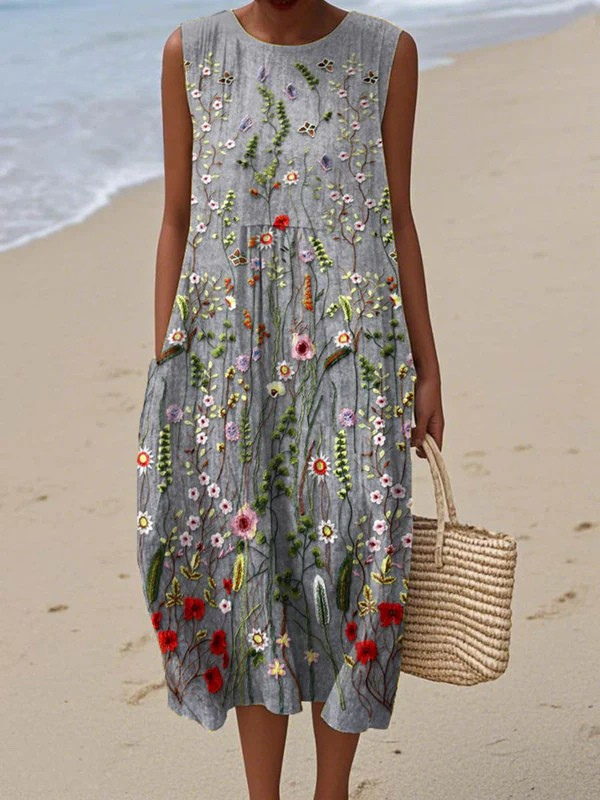 Wildflower Floral Print Crew Neck Sleeveless Midi Dress