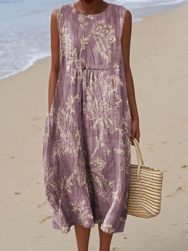 Floral Round Neck Sleeveless Linen Look Midi Dress