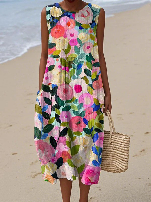 Floral Round Neck Sleeveless Pocket Midi Dress