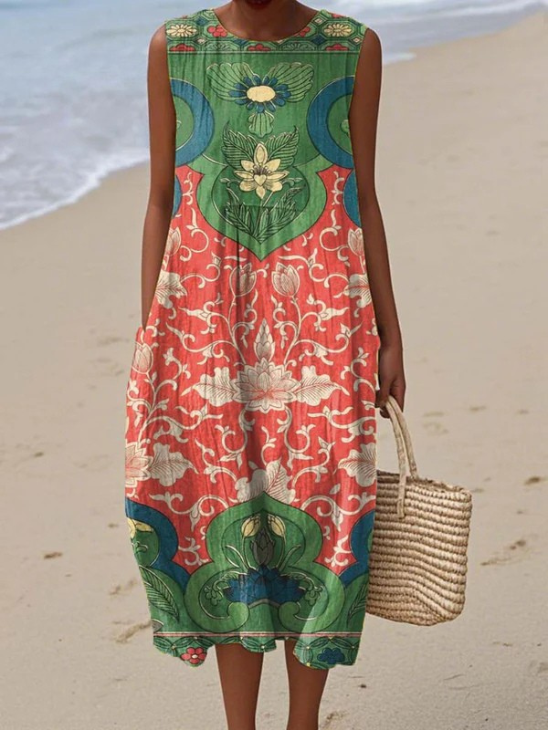 Ornate Floral Print Sleeveless Midi Dress