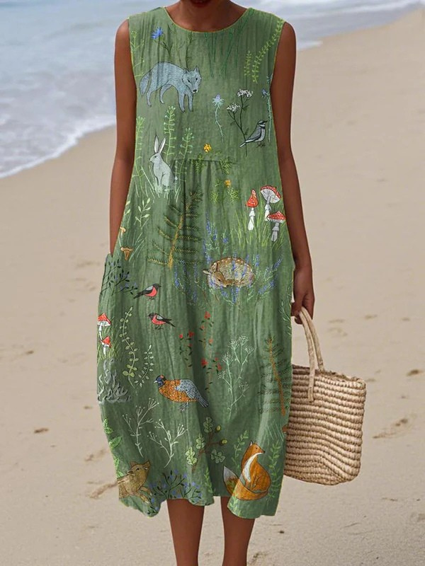 Round Neck Sleeveless Woodland Animal Print Midi Dress