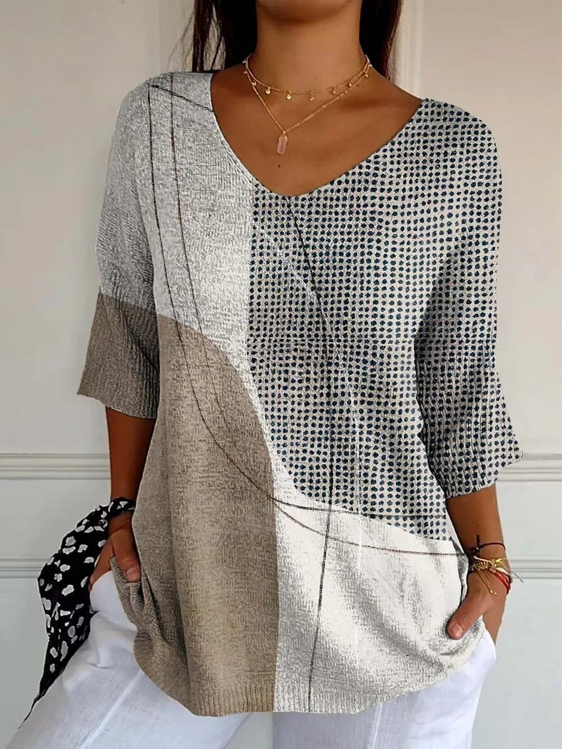 V-Neck Abstract Print Half Sleeve Tunic Top