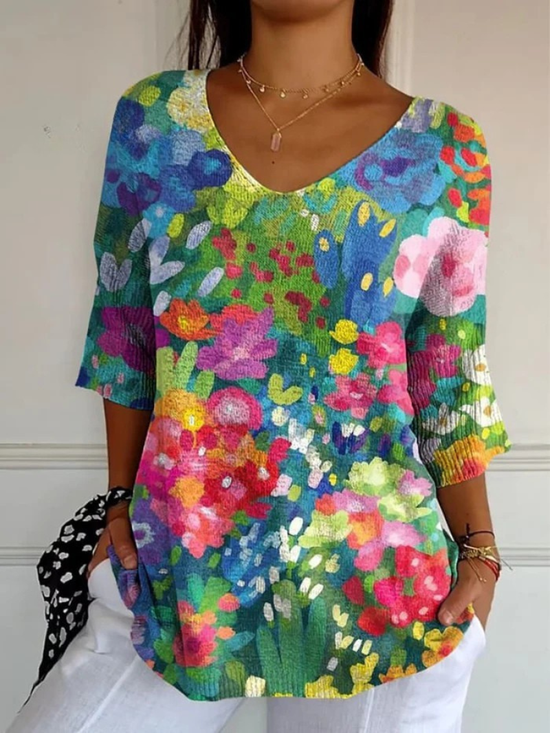 Floral Print V-Neck Half Sleeve Tunic Top
