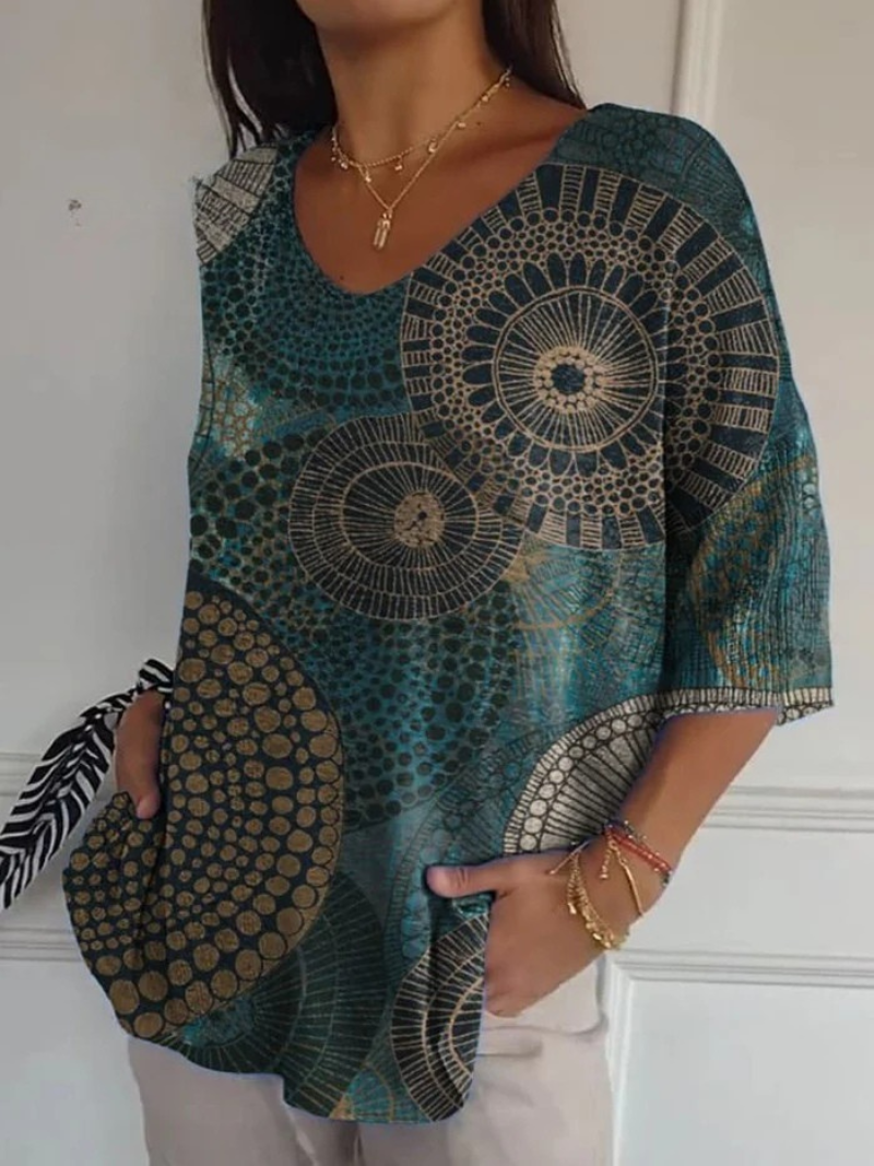 V-Neck Half Sleeve Mandala Circle Print Pullover Top