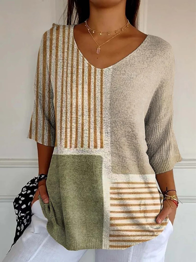V-Neck Half Sleeve Color Block Patchwork Knit Top