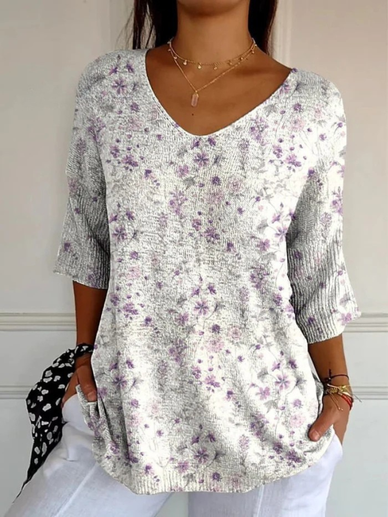 Ditsy Floral Print V-Neck Half Sleeve Knit Tunic Top