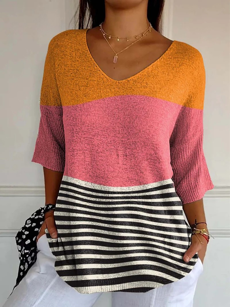 Color Block V-Neck Striped Hem Knit Top