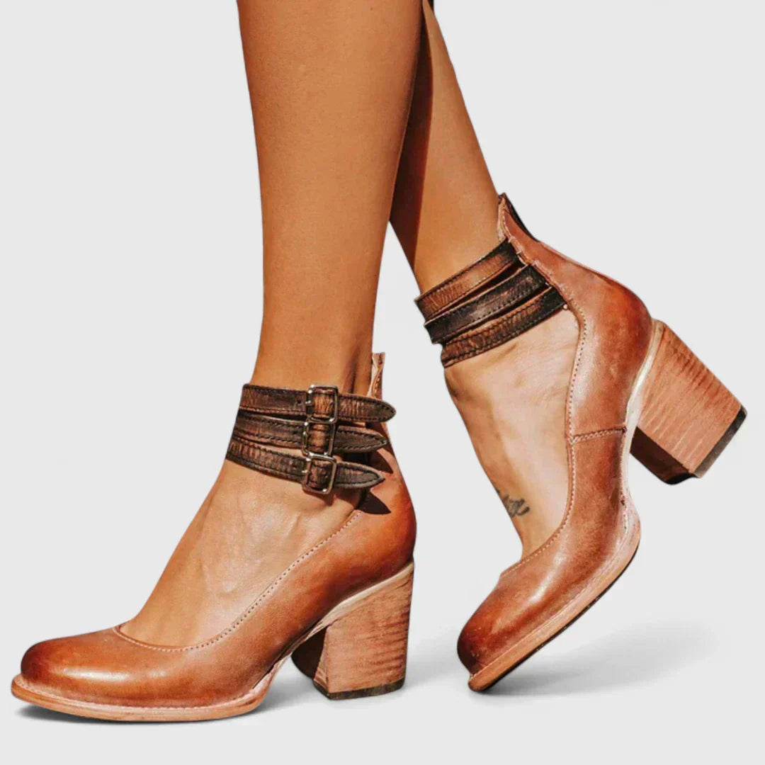 Round Toe Triple Buckle Ankle Strap Block Heel Pumps