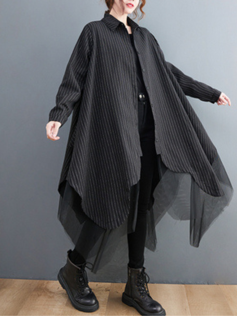 Pinstripe Long Sleeve Button Down Mesh Layer Handkerchief Hem Shirt Dress