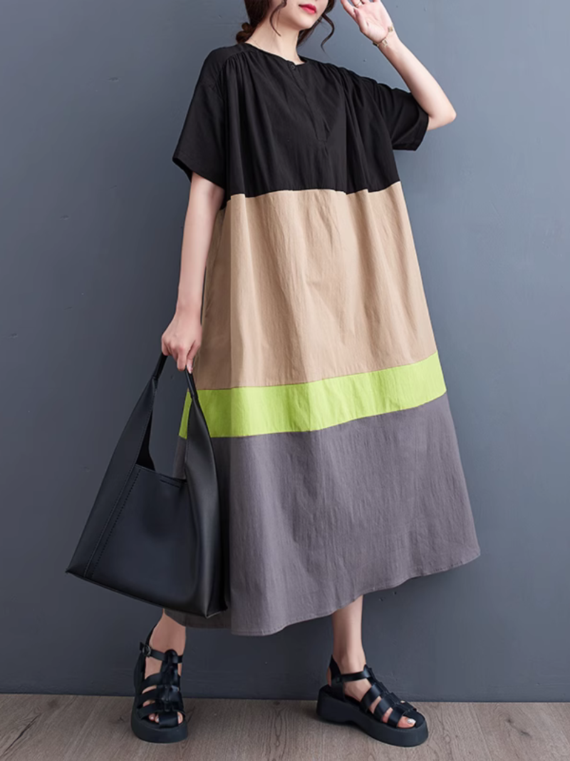 Colorblock Button Front Oversized Short Sleeve Midi Dress