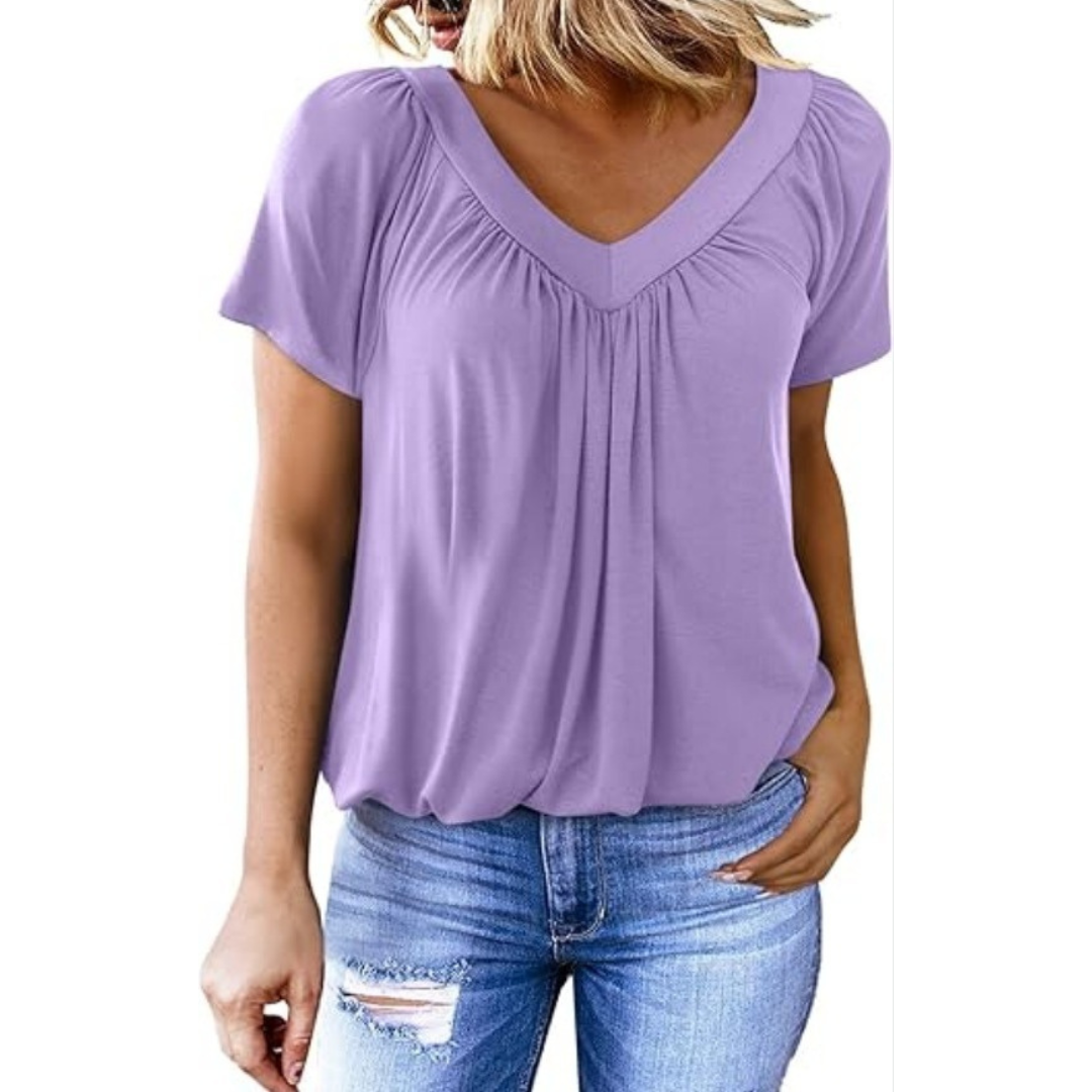 V-Neck Short Sleeve Ruched Bubble Hem Top