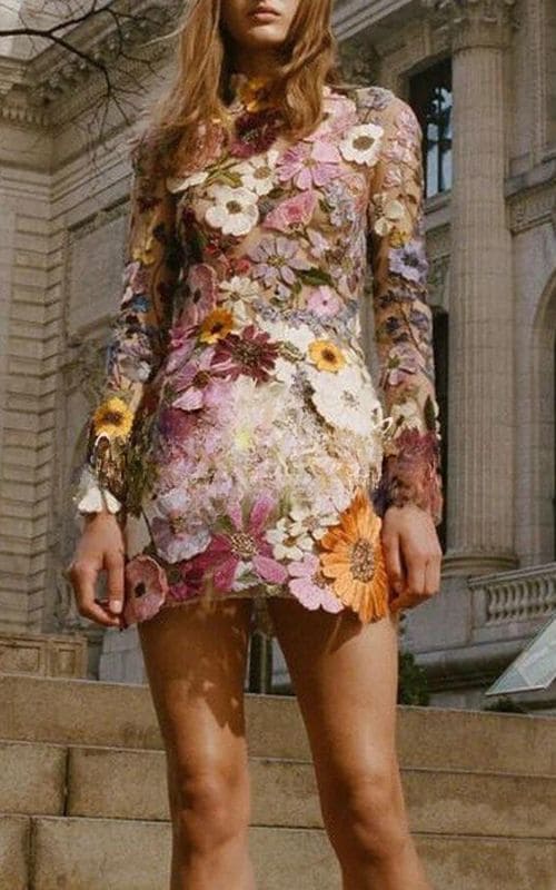 Mock Neck Long Sleeve Floral Embroidered Mesh Keyhole Back Bodycon Mini Dress