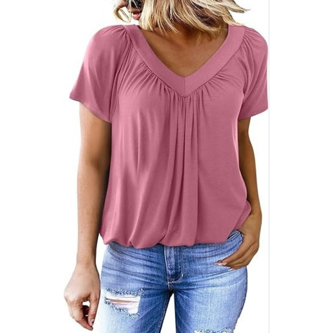 V-Neck Short Sleeve Ruched Bubble Hem Top