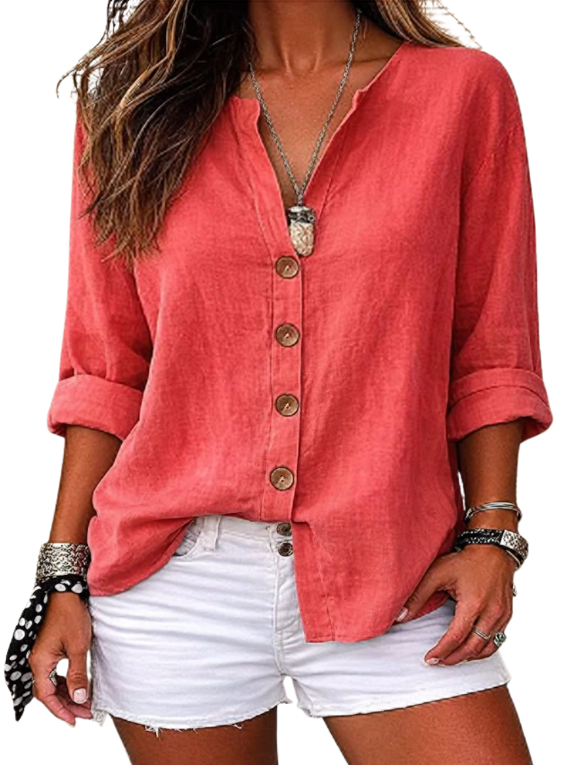 V-Neck Roll Sleeve Button Front Linen Look Shirt