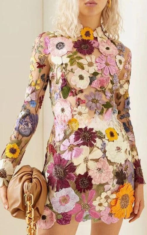 Mock Neck Long Sleeve Floral Embroidered Mesh Keyhole Back Bodycon Mini Dress