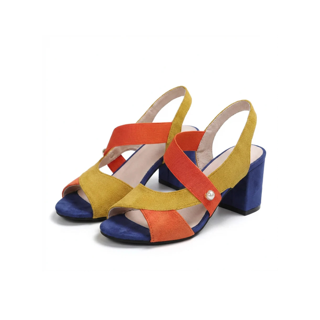 Open Toe Slingback Color Block Block Heel Sandals
