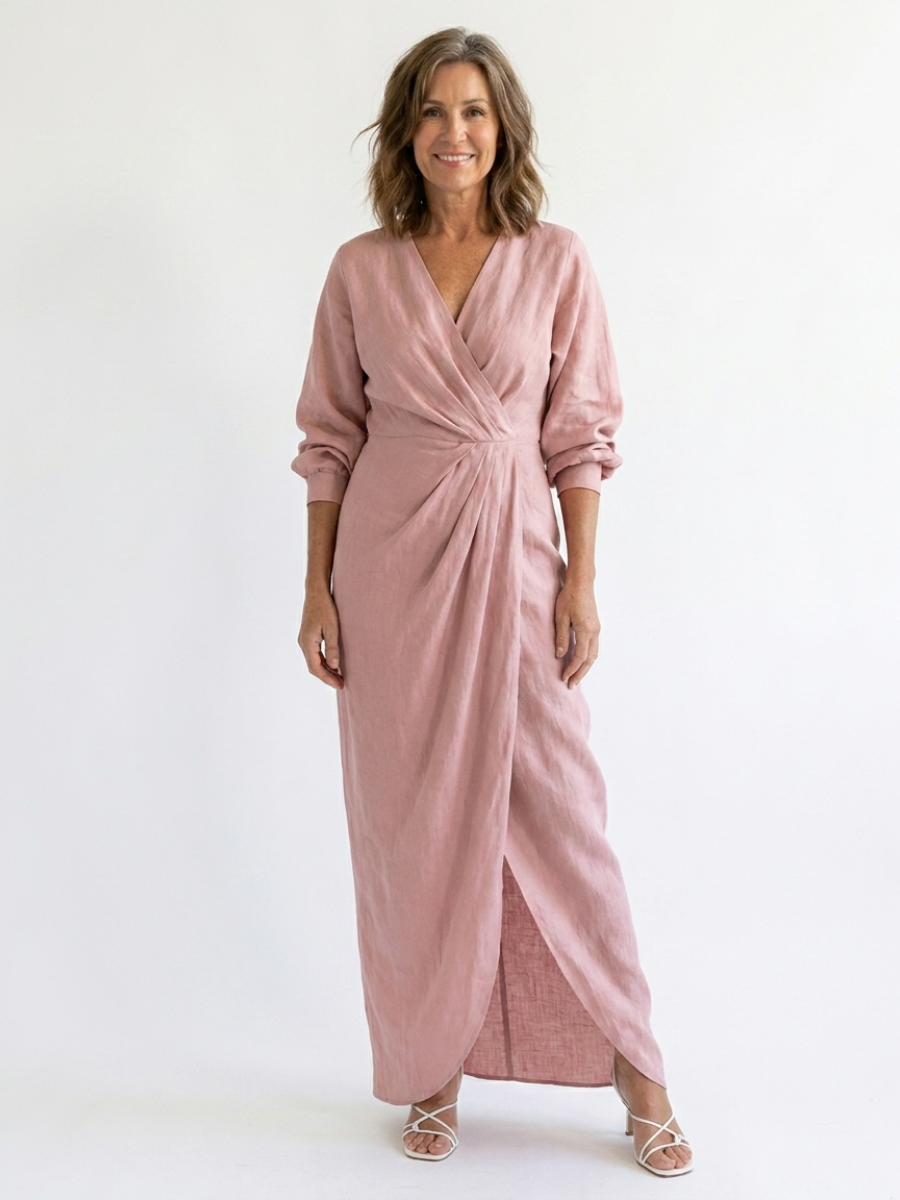 V-Neck Long Sleeve Wrap Draped Maxi Dress
