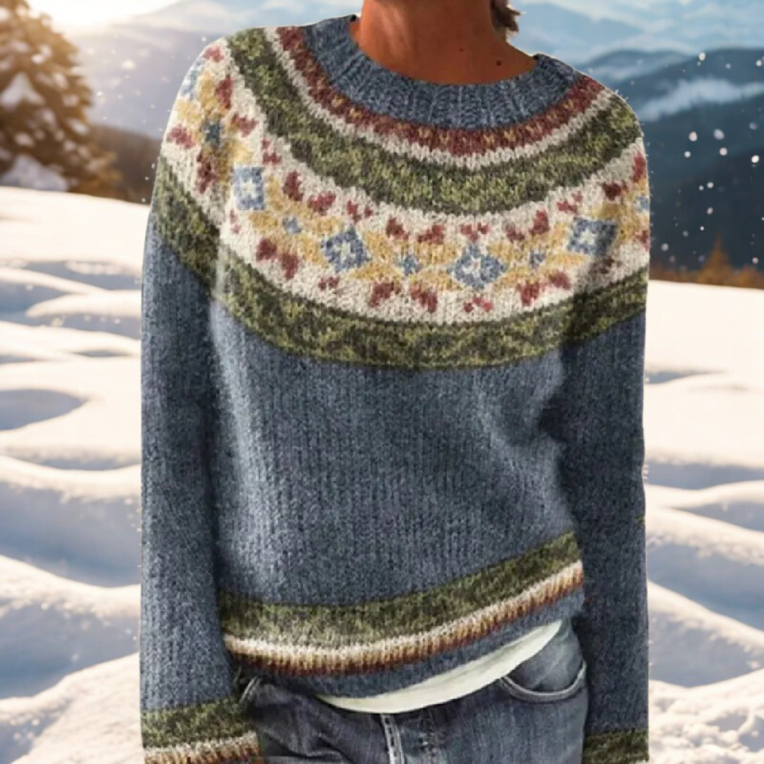 Fair Isle Yoke Crew Neck Long Sleeve Knit Sweater