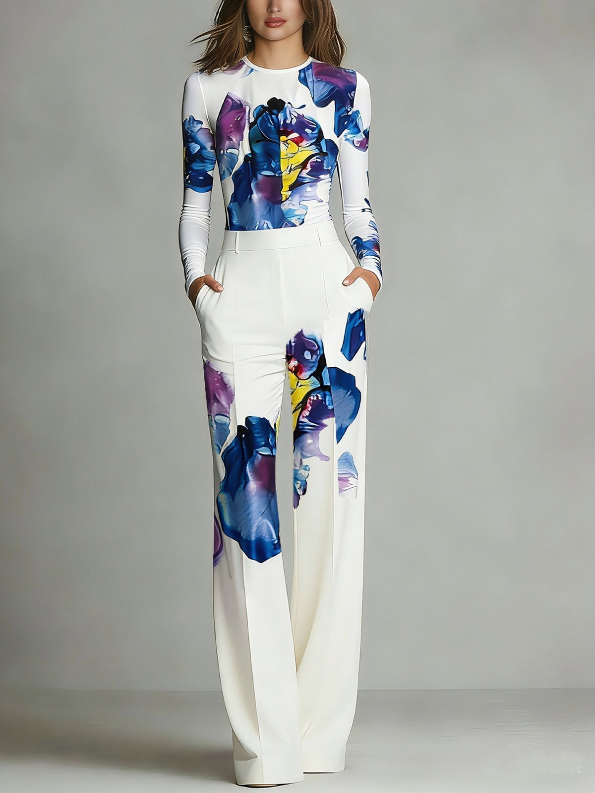 Floral Print Long Sleeve Top and Wide Leg Trousers Two Piece Set