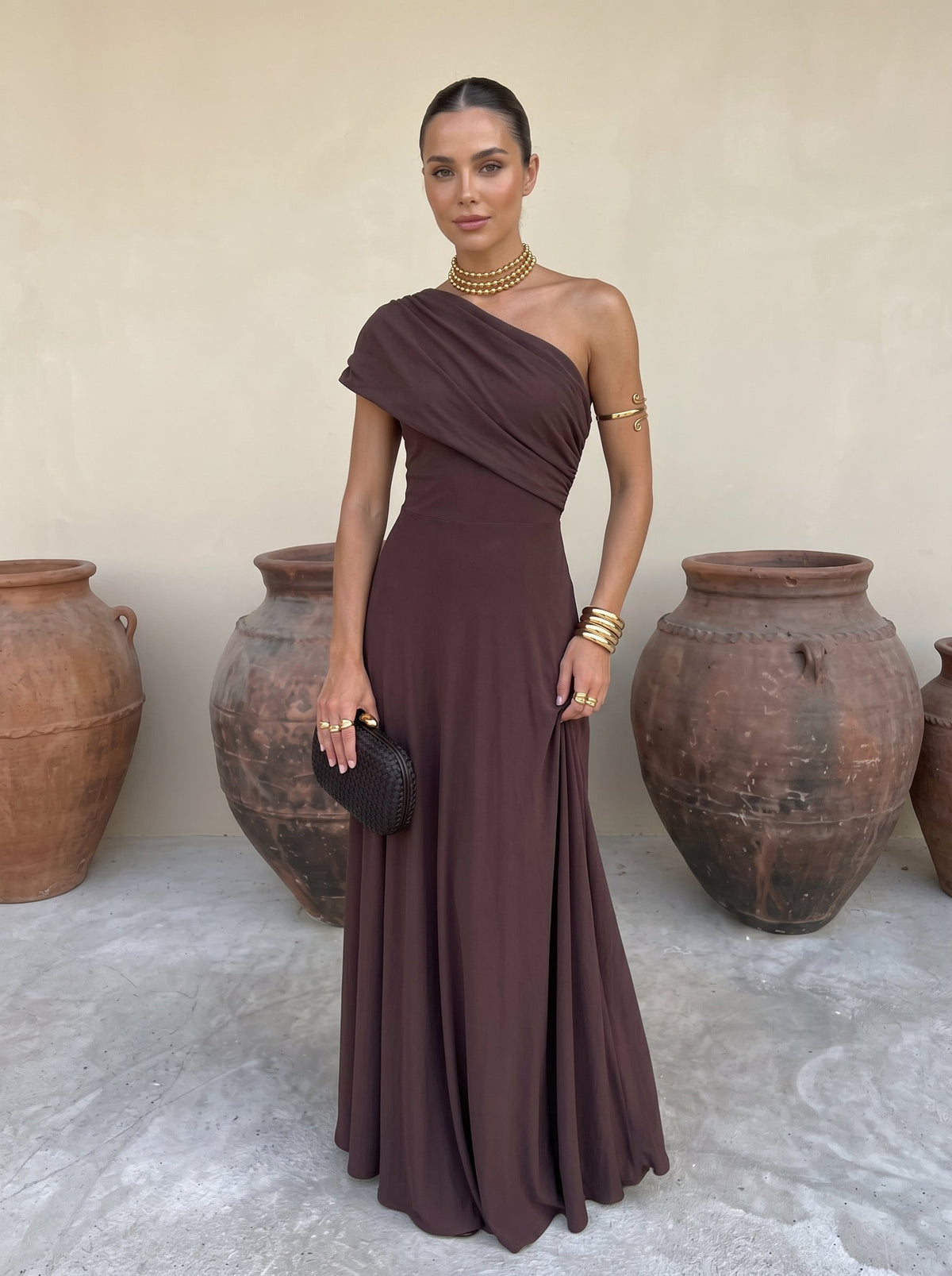 One Shoulder Draped Ruched Maxi Dress