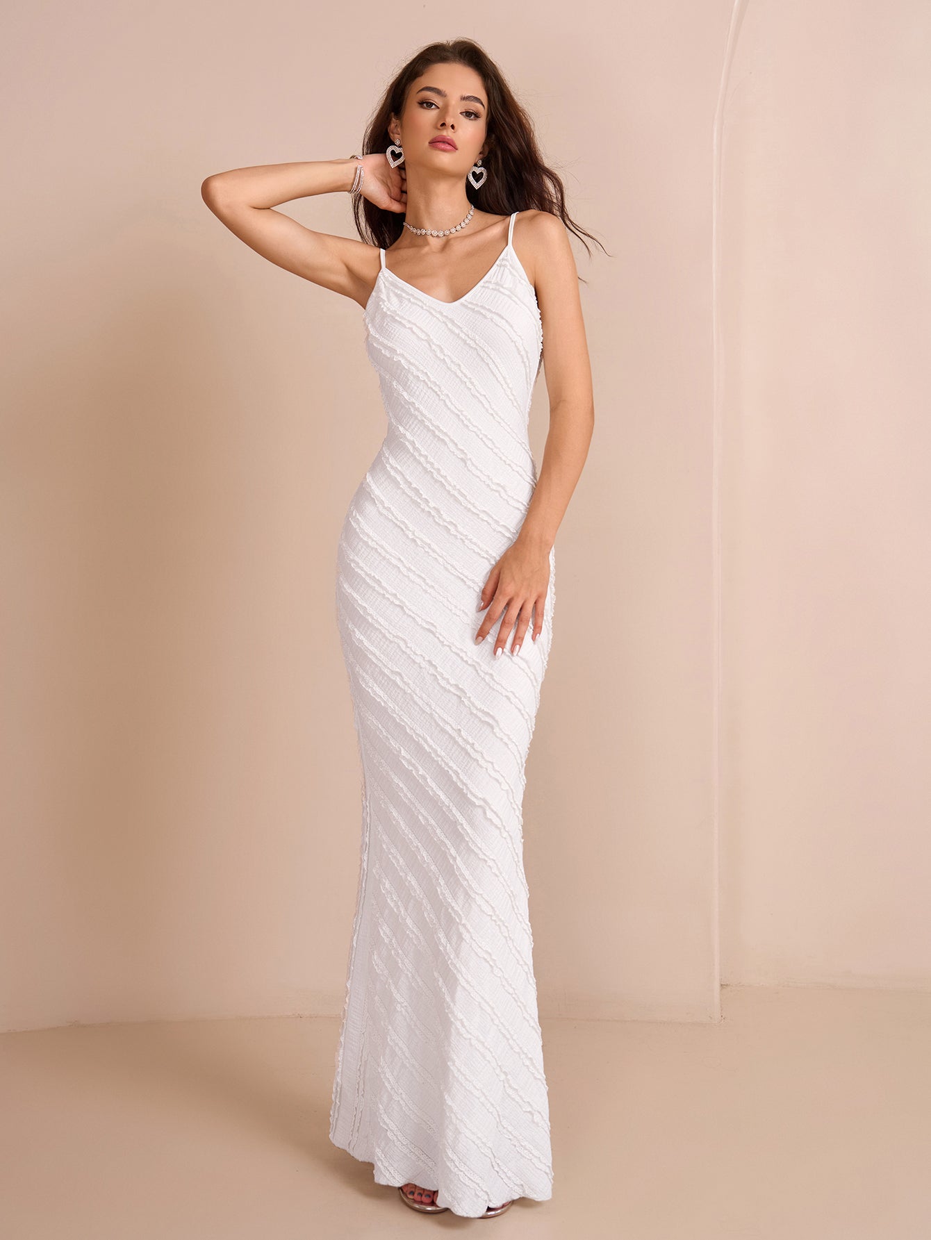 V-Neck Backless Knitted Jacquard Mermaid Hem Cami Dress - View 3