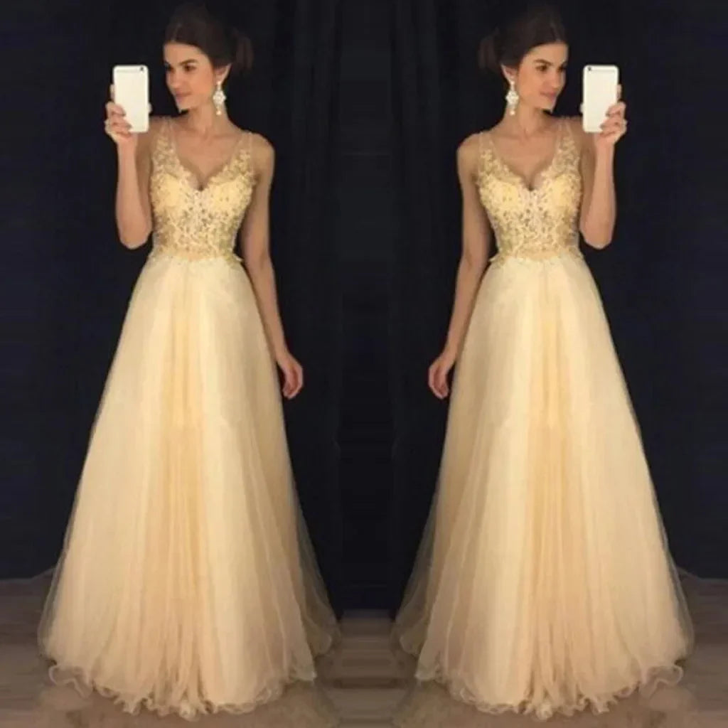 Tulle V-Neck Beaded Lace Backless A-Line Maxi Gown