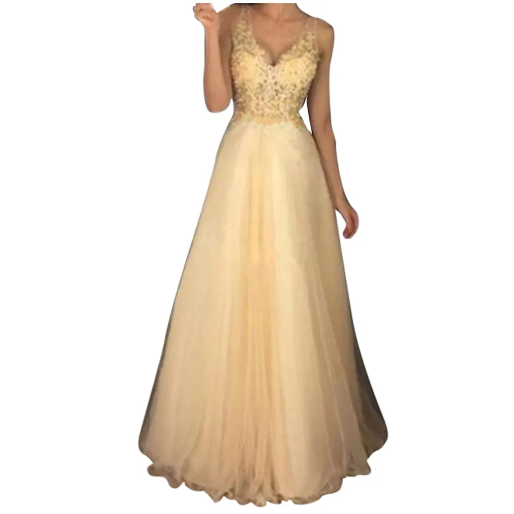 Tulle V-Neck Beaded Lace Backless A-Line Maxi Gown