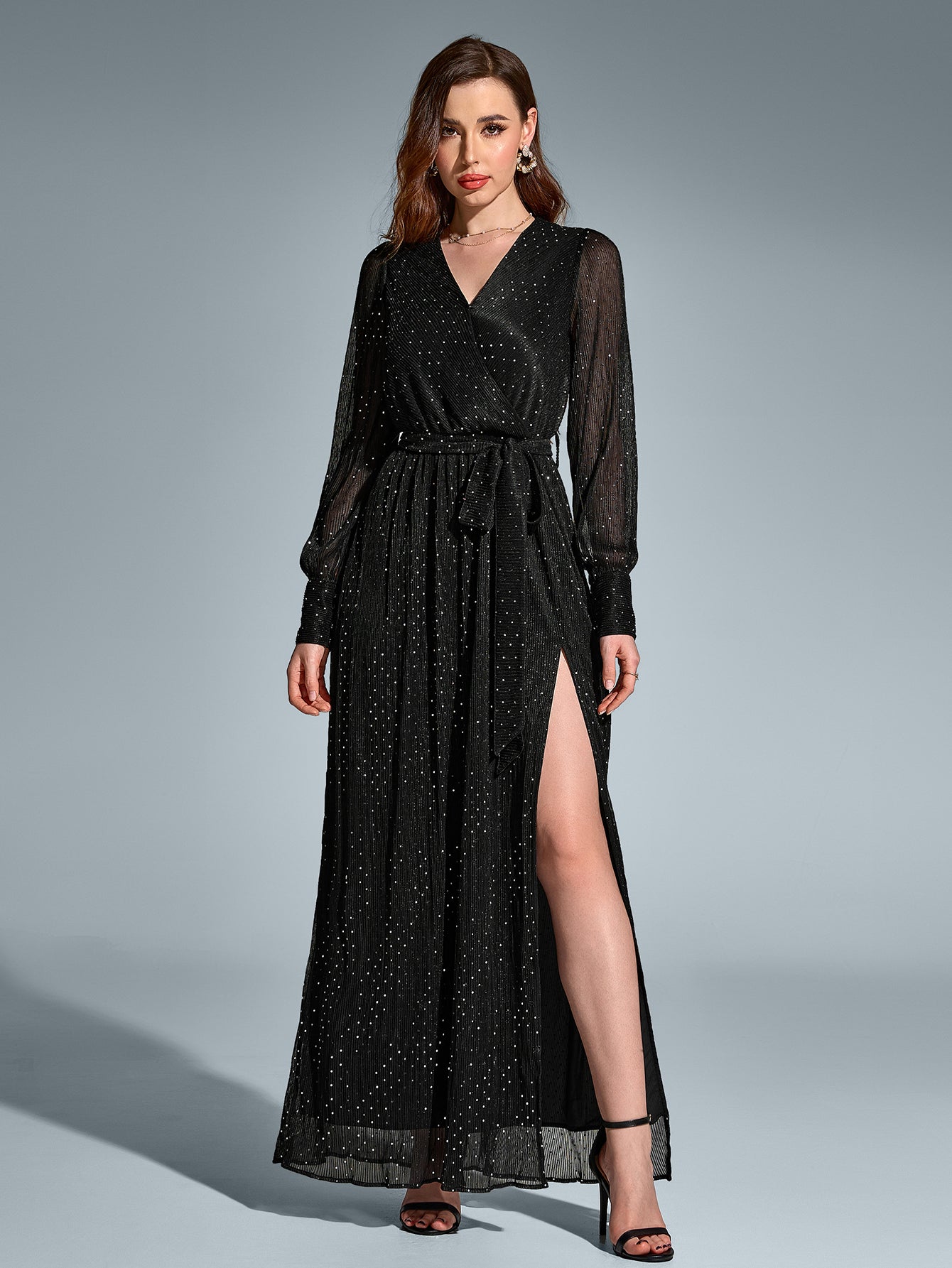 V-Neck Side Split Tie Round Dot Ruched Maxi Dress