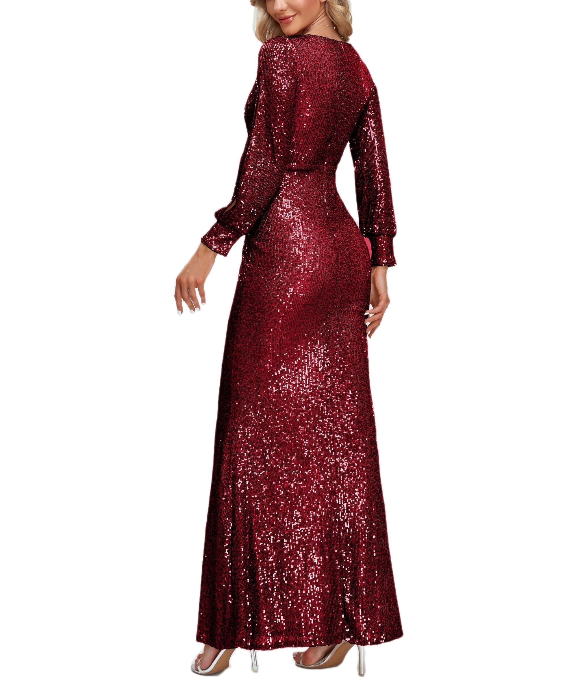 Sequin V-Neck Long Sleeve Ruched Mermaid Evening Gown