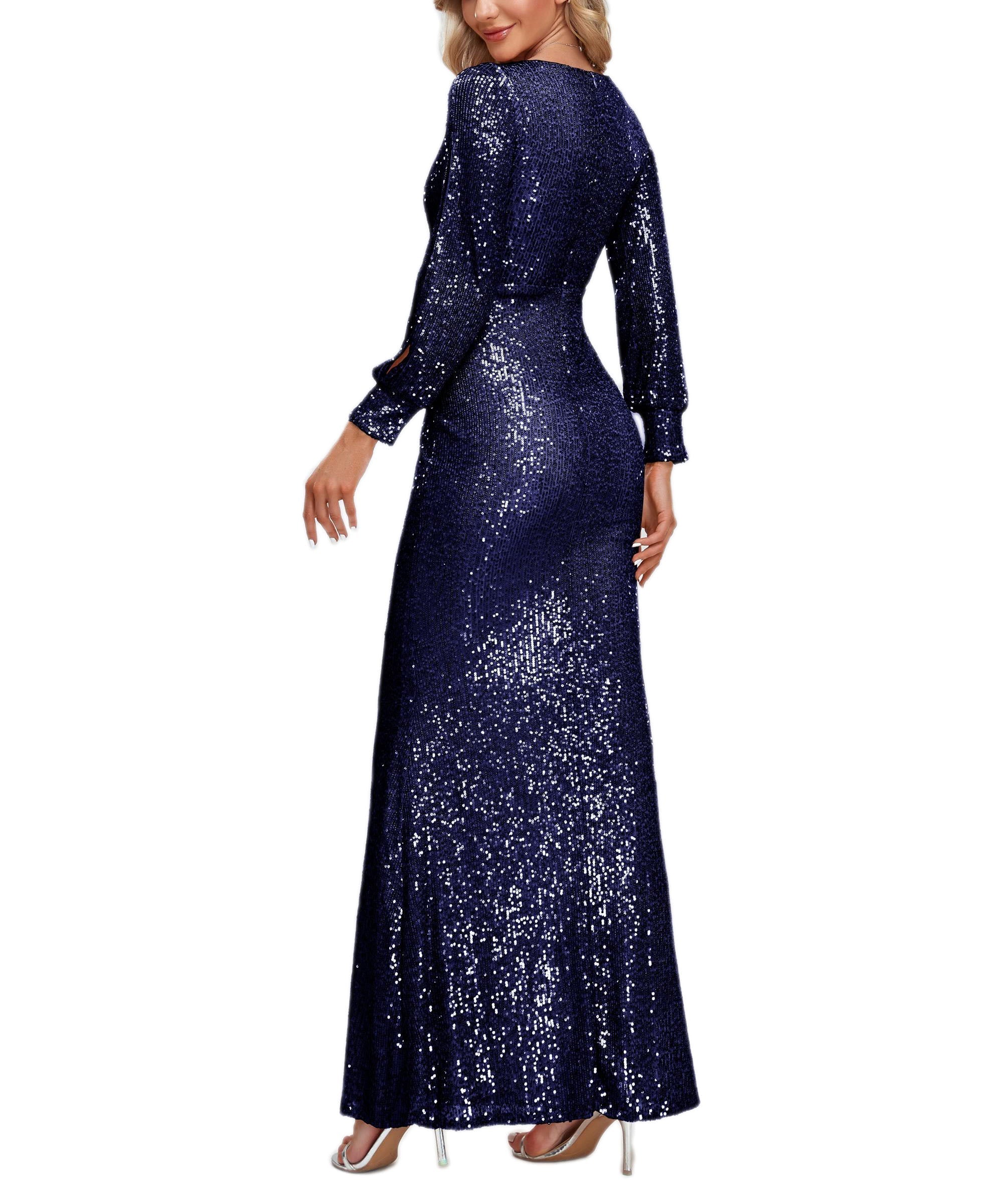 Sequin V-Neck Long Sleeve Ruched Mermaid Evening Gown