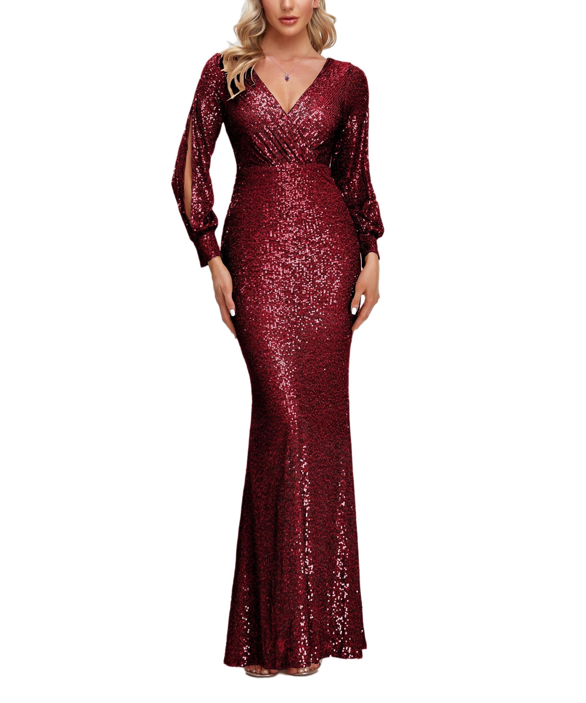 Sequin V-Neck Long Sleeve Ruched Mermaid Evening Gown