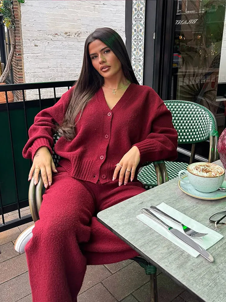 V-Neck Button Front Drop Shoulder Ribbed Hem Oversized Knit Cardigan