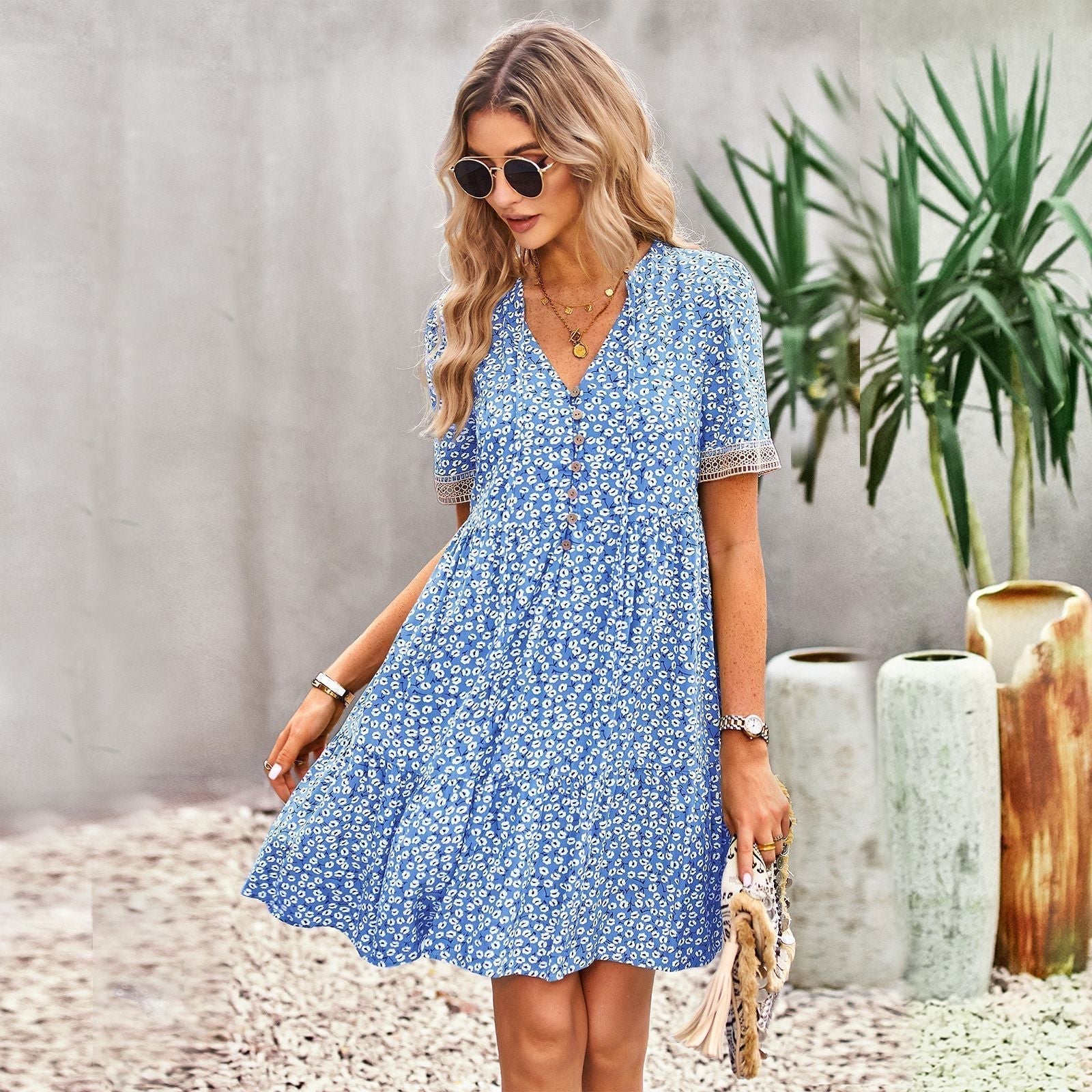 Lace Trim V-Neck Button Front Tiered Babydoll Mini Dress