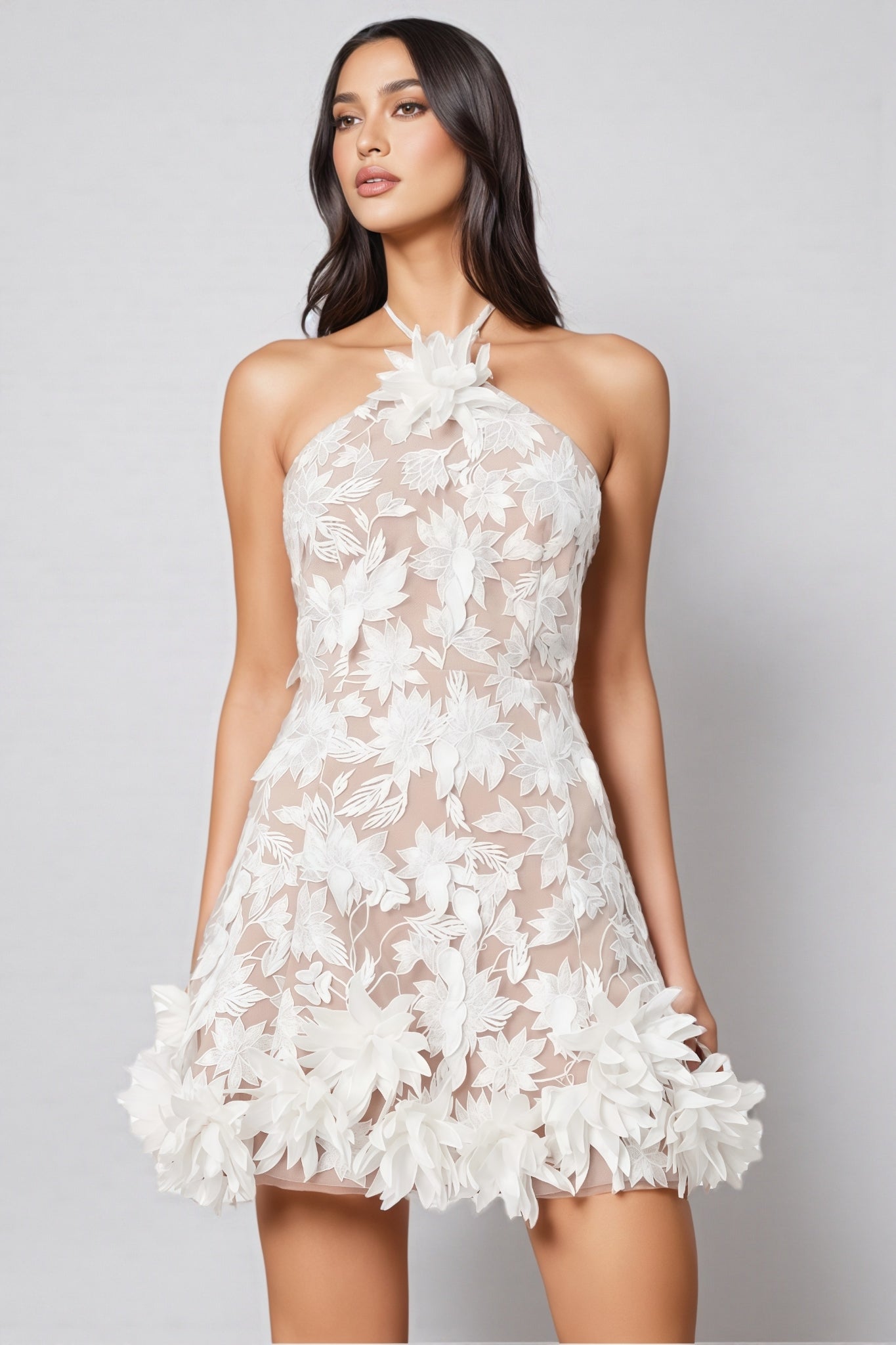 Mesh Halter Neck 3D Flower Sheer A-Line Mini Dress