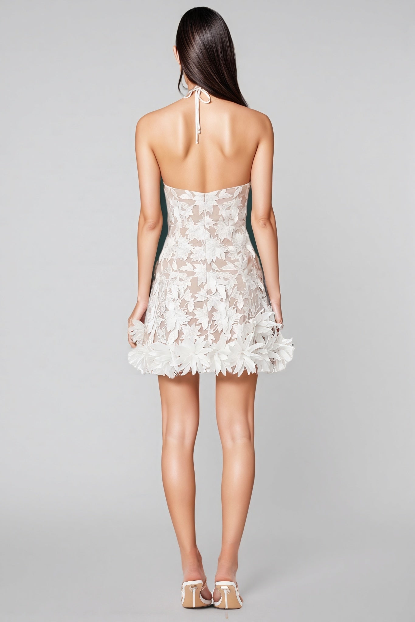 Mesh Halter Neck 3D Flower Sheer A-Line Mini Dress