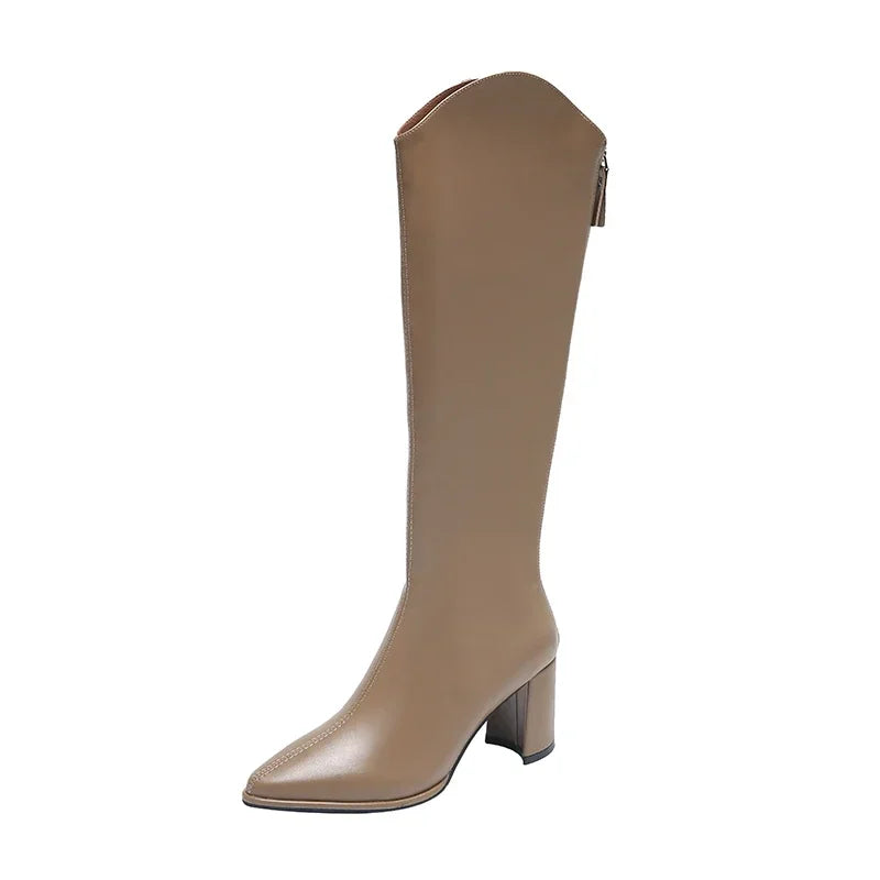 Pointed Toe Block Heel Knee High Boots