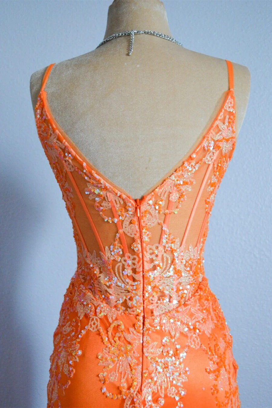 Orange Mermaid Spaghetti Straps Sequins Applique Long Prom Dress cc1002