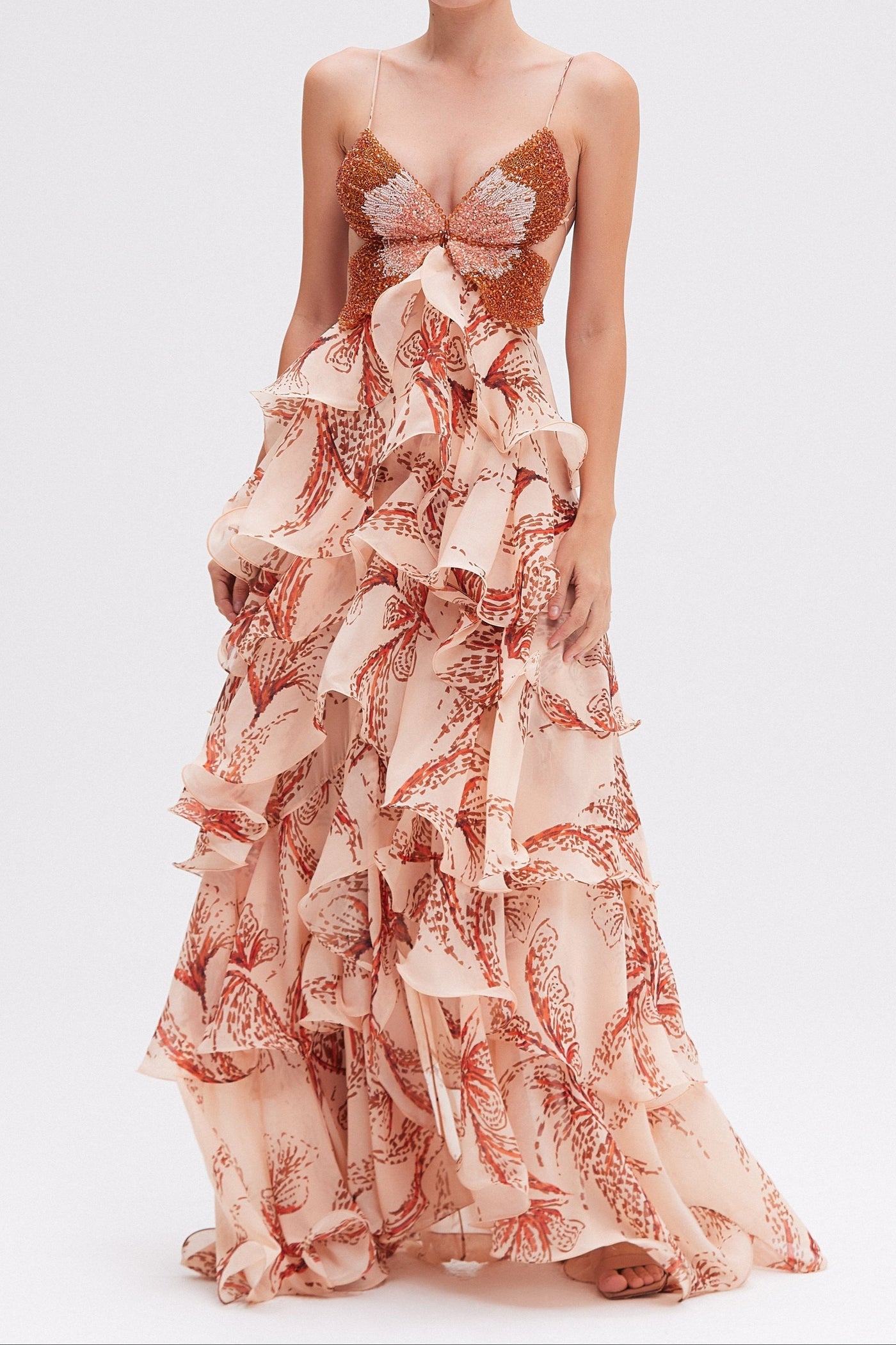Butterfly Print Spaghetti Strap Tiered Ruffle Maxi Gown