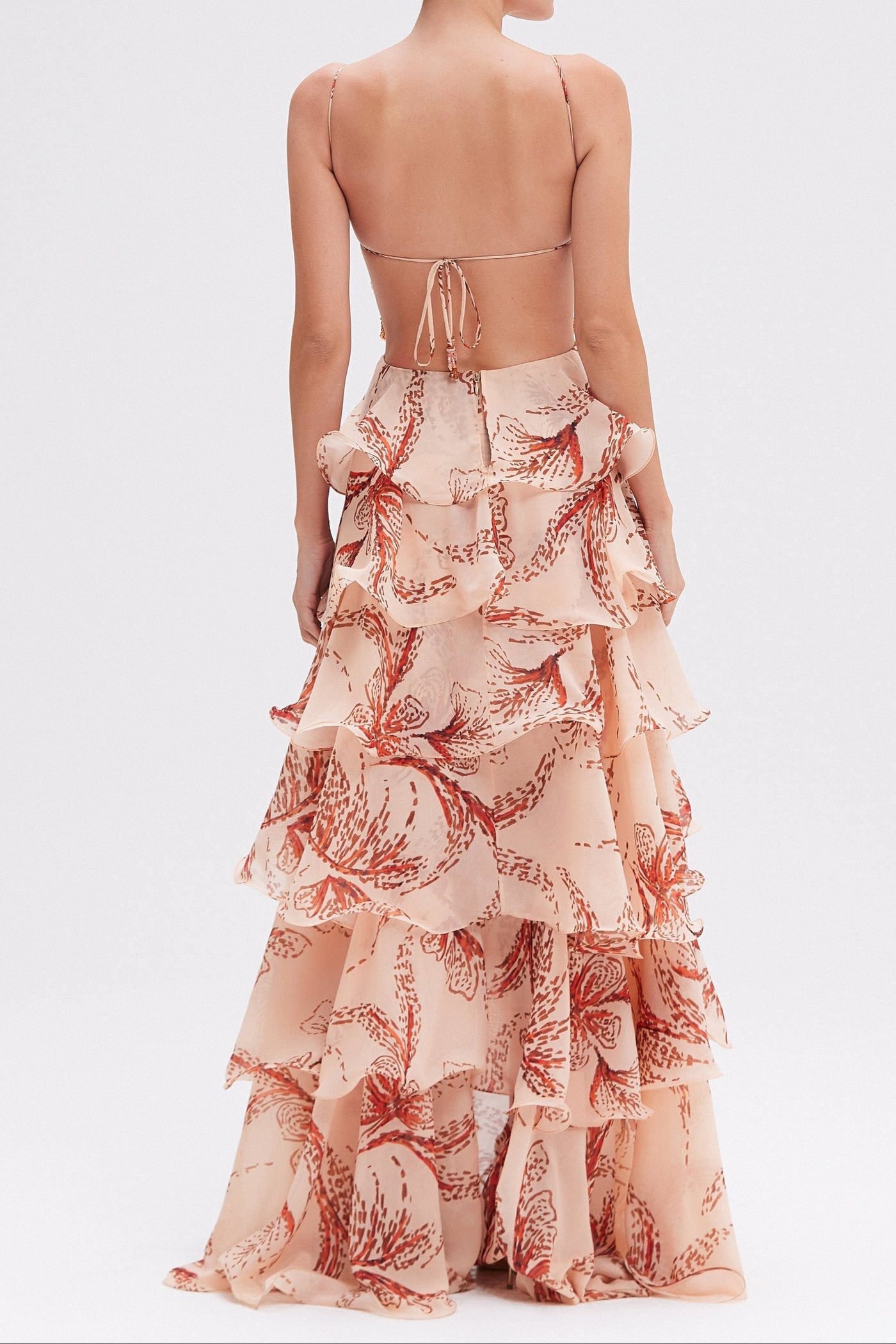 Butterfly Print Spaghetti Strap Tiered Ruffle Maxi Gown 2