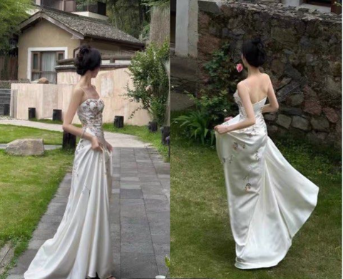 Spaghetti Straps White Satin Long Prom Dress,Elegant Evening Dress Wedding Dress With Appliques cc1543