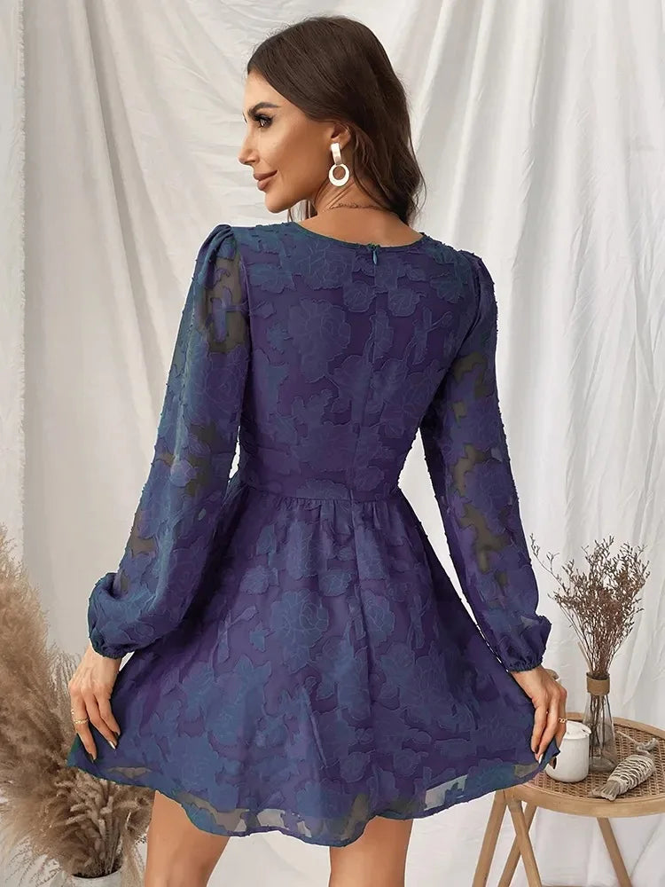 Long Sleeve Green Plunge ALine Mini Boho Dress