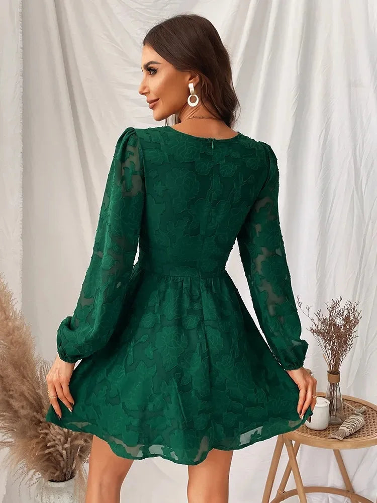 Long Sleeve Green Plunge ALine Mini Boho Dress