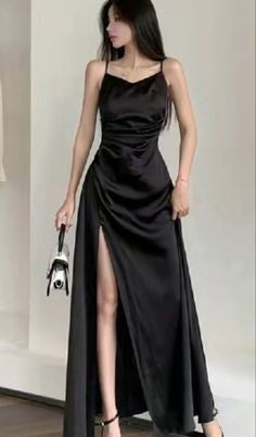 Simple Spaghetti Straps Black Slit A Line Evening Dress Long Prom Dress cc2019