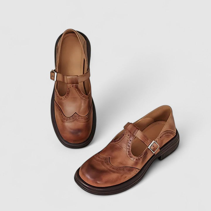 Round Toe T-Strap Buckle Brogue Mary Jane Flats