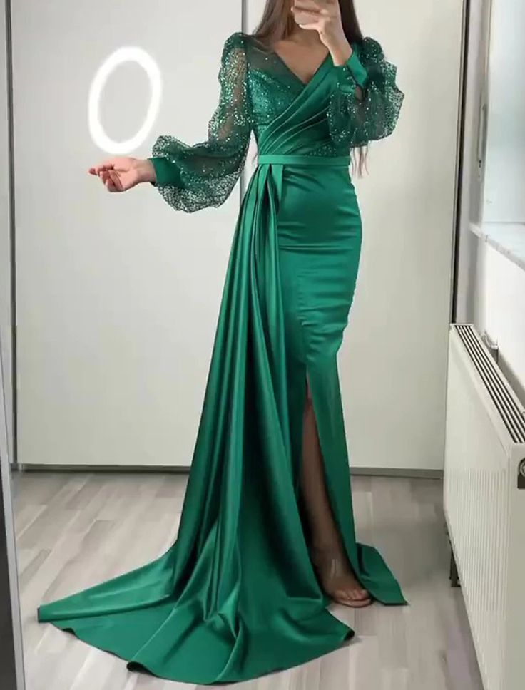 Dark Green Mermaid V Neck Satin Evening Dress Long Sleeves cc1148