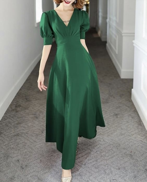 Simple Green A-line V Neck Prom Dress,Green Party Gown cc1293