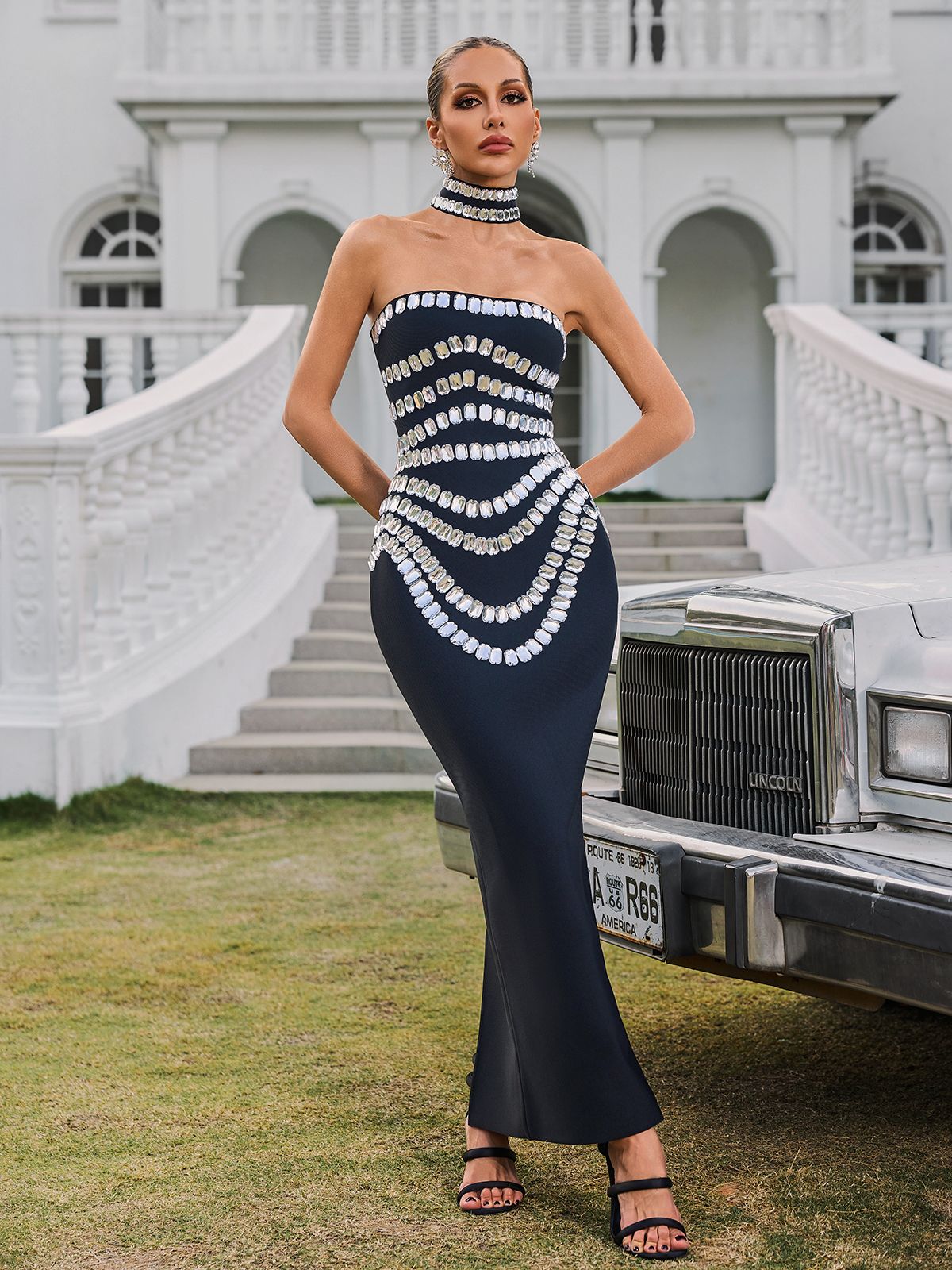 Strapless Crystal Embellished Bandage Bodycon Maxi Dress with Choker
