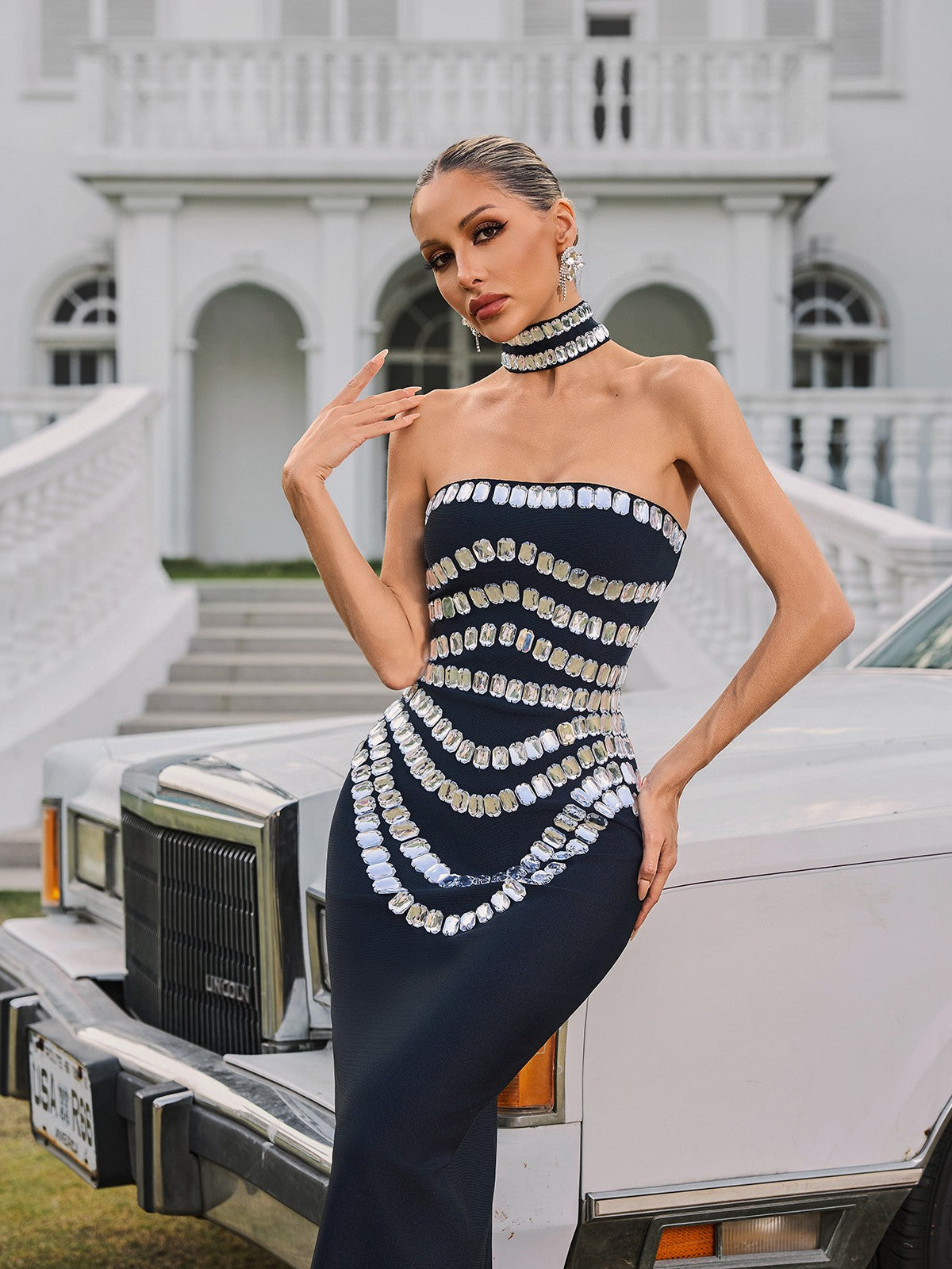 Strapless Crystal Bandage Maxi Dress With Choker - View 4